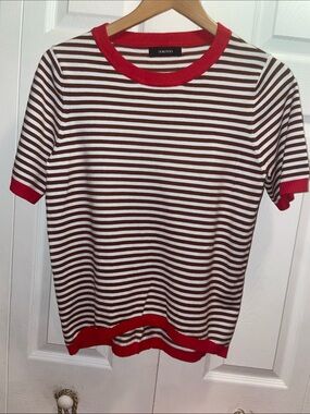 Striped Short Sleeve Crewneck Top in Brown and White with Red Trims strechy
